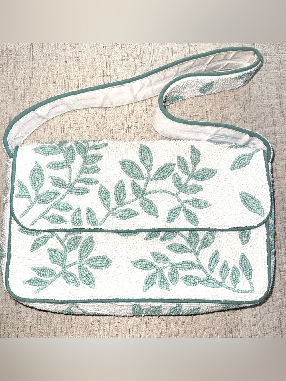 Anthropologie Antik Kraft beaded  shoulder bag green and white.
